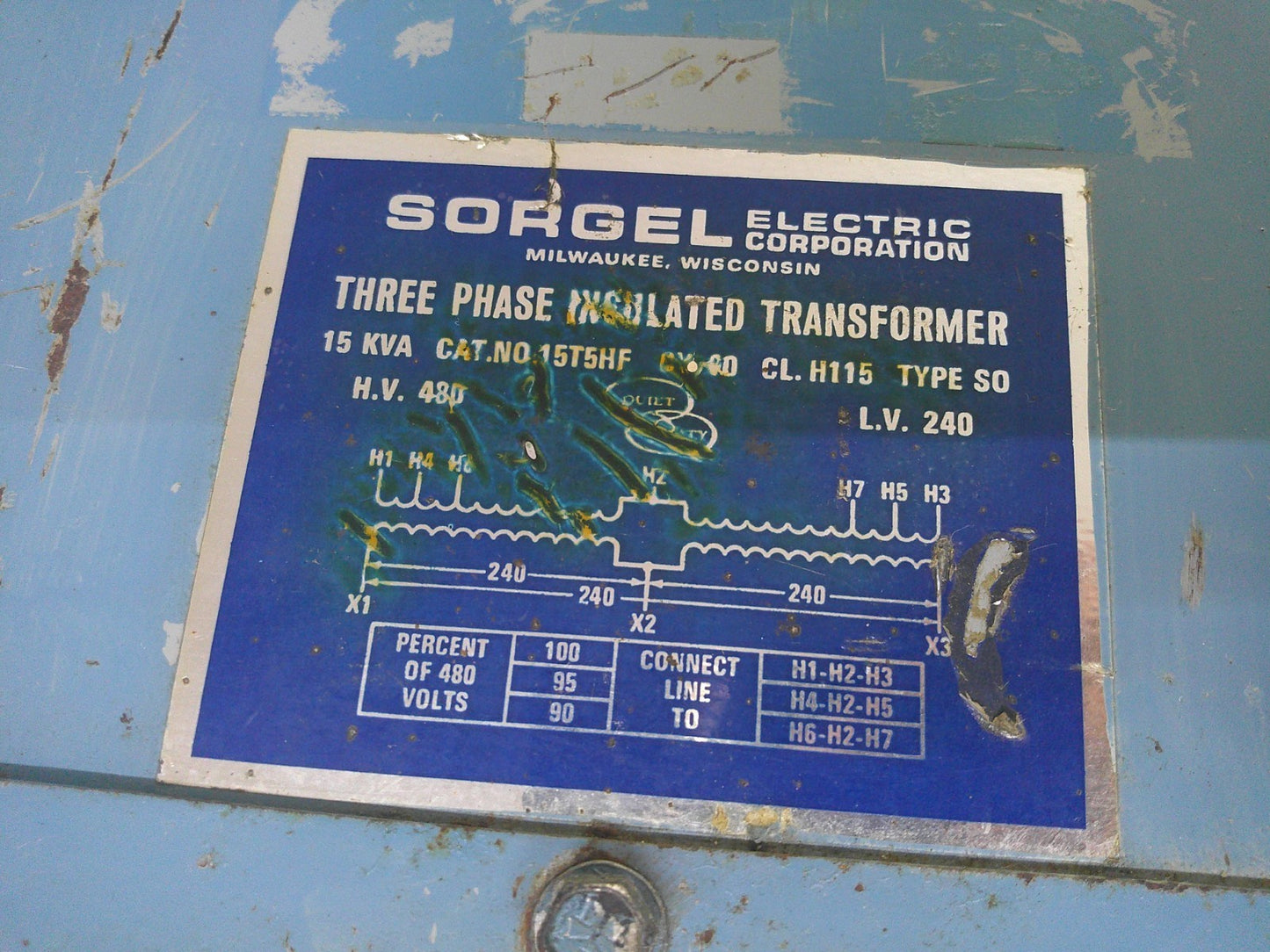 SQUARE D SORGEL 15KVA 3PH INSULATED TRANSFORMER 15T5HF HV 480 LV 240