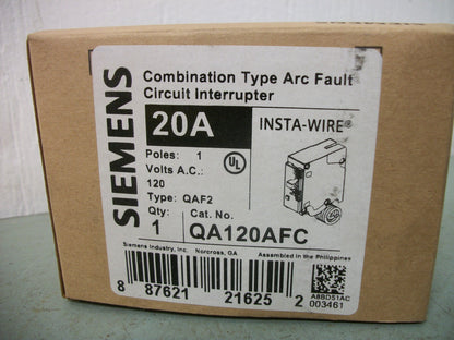 SIEMENS AFCI QAF2 CIRCUIT BREAKER QA120AFC 20AMP 120VOLT 1POLE NIB