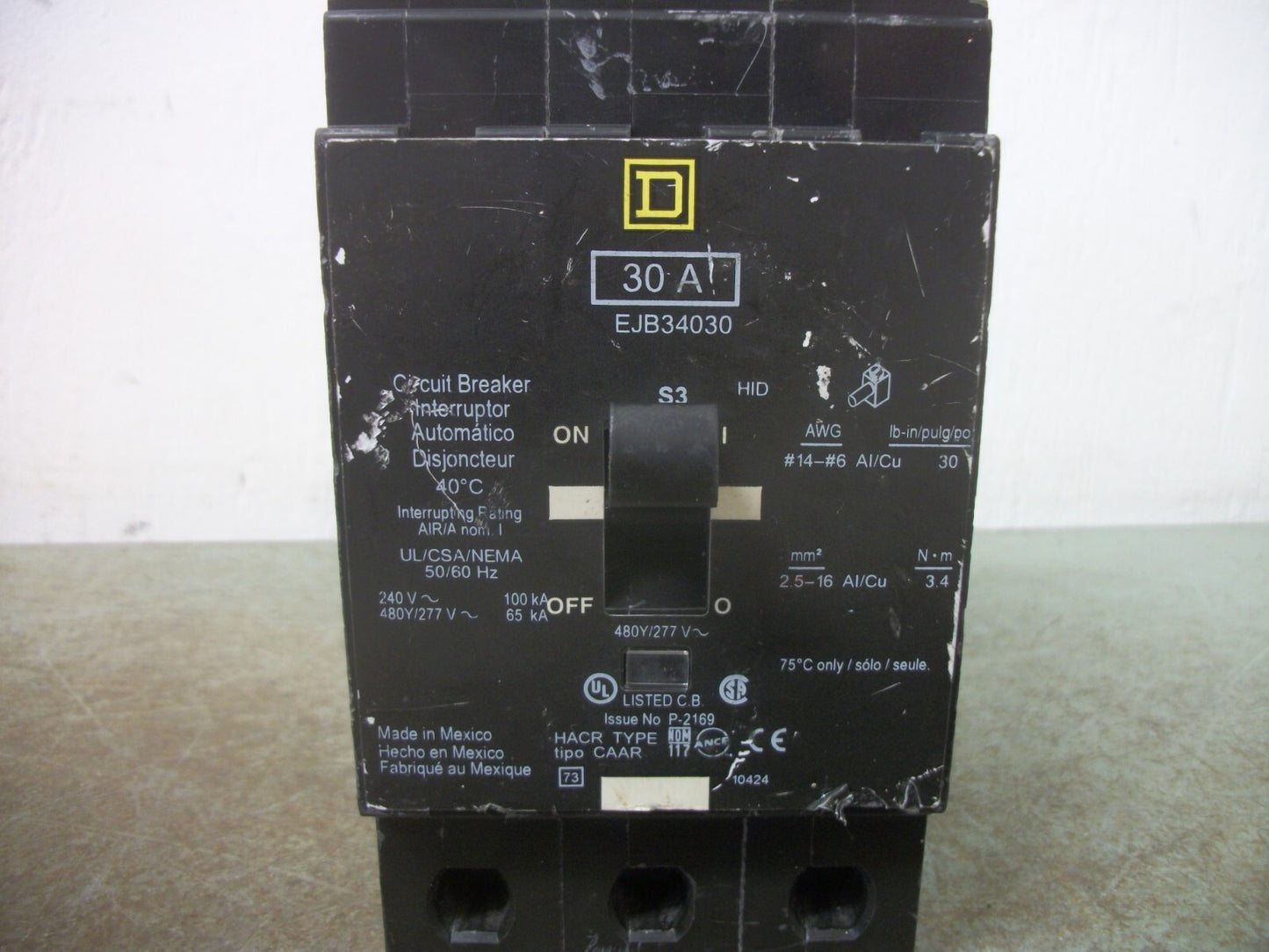SQUARE D EJB CIRCUIT BREAKER EJB34030 30AMP 480VOLT 3POLE