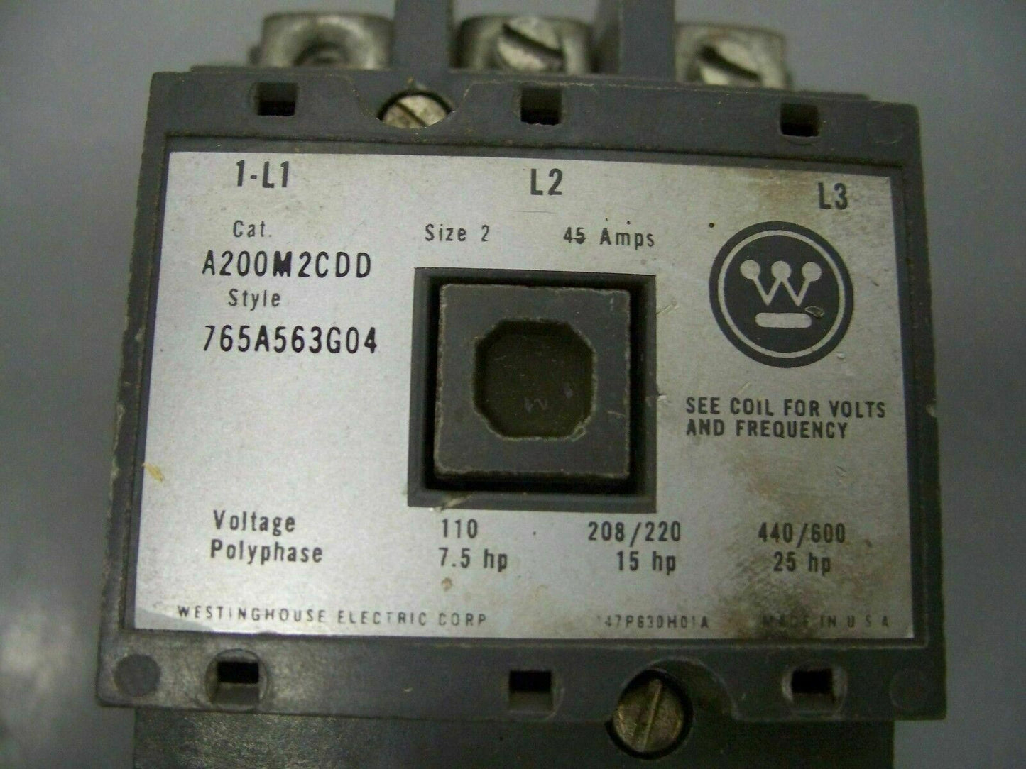 WESTINGHOUSE SIZE 2 MOTOR STARTER A200M2CDD 45AMP 3PH 25HP 600V 600VCOIL