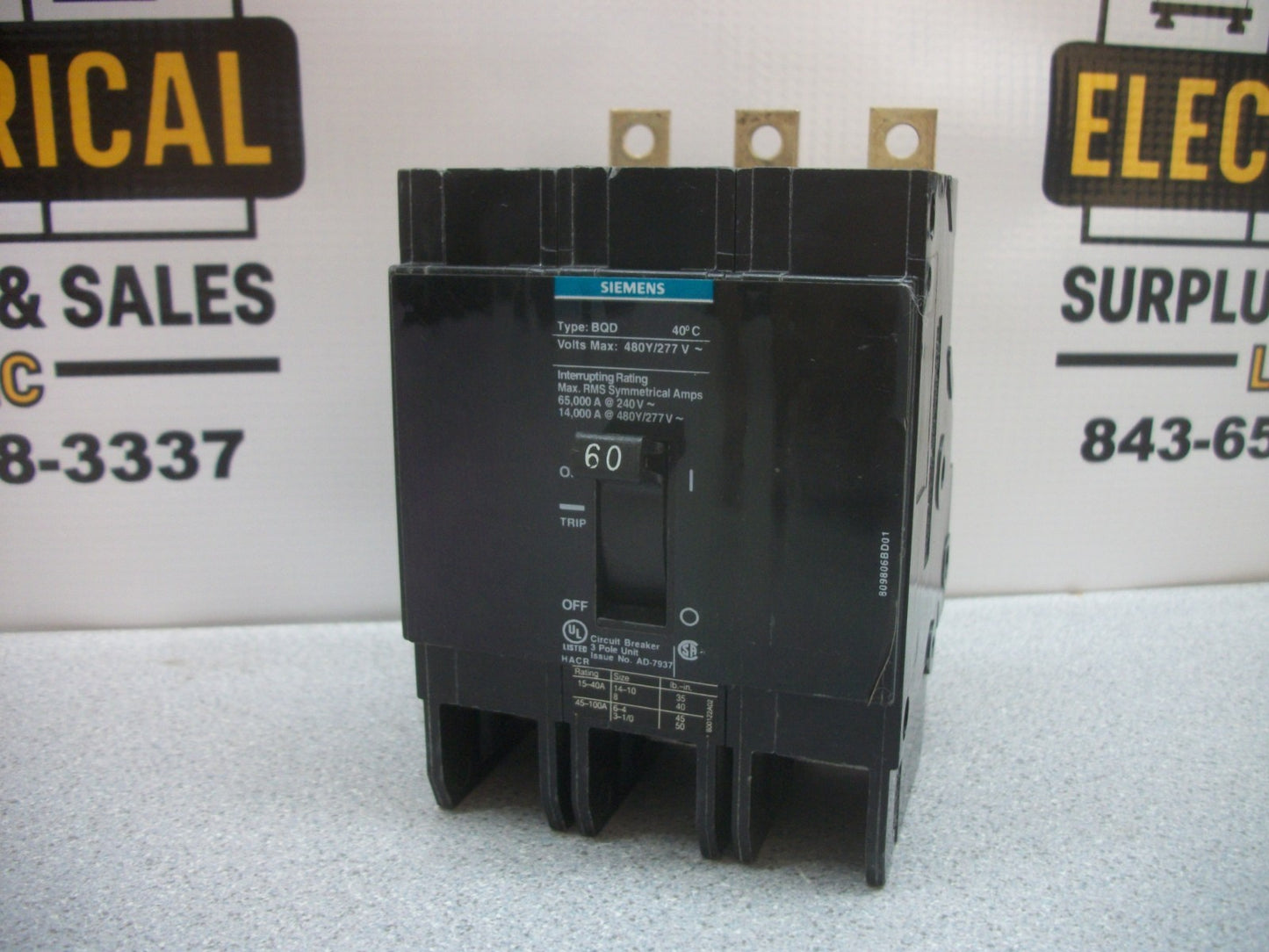 SIEMENS BQD CIRCUIT BREAKER BQD360 60AMP 480VOLT 3POLE