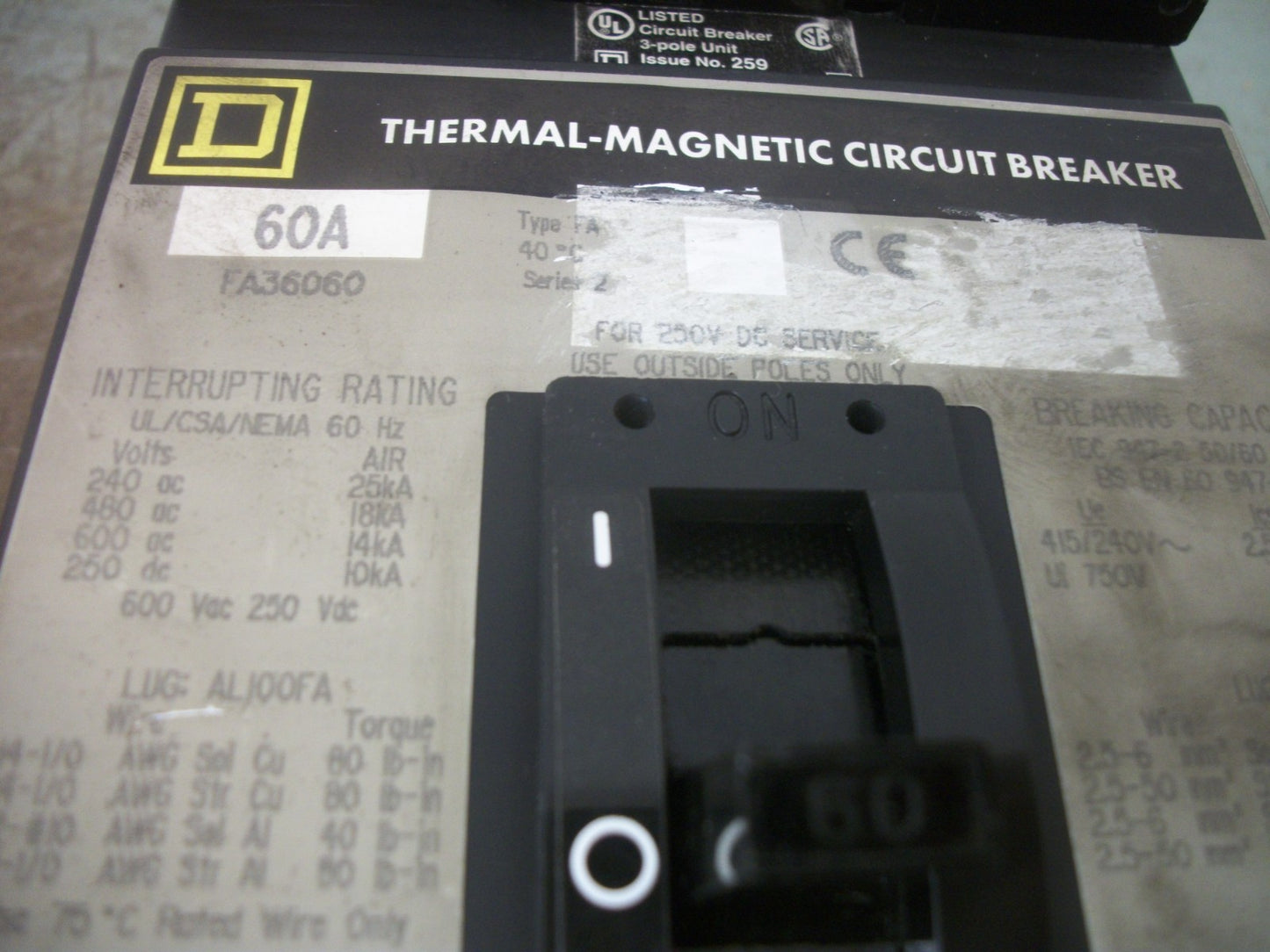 SQUARE D I-LINE FA CIRCUIT BREAKER FA36060 60AMP 600VOLT 3POLE GRAY