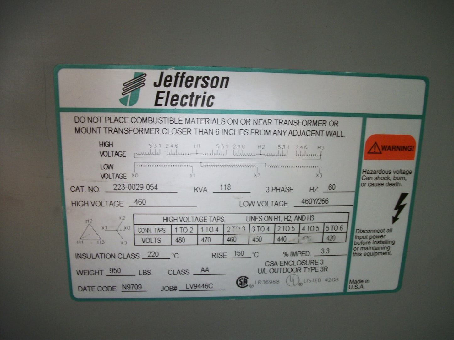 JEFFERSON 118KVA 3PH TRANSFORMER 223-0029-054 HV 460 LV 460Y/266