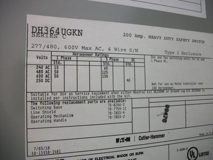 CUTLER-HAMMER DISCONNECT TYPE 1 DH364UGKN 200AMP 600VOLT 3POLE NON-FUSIBLE NOB