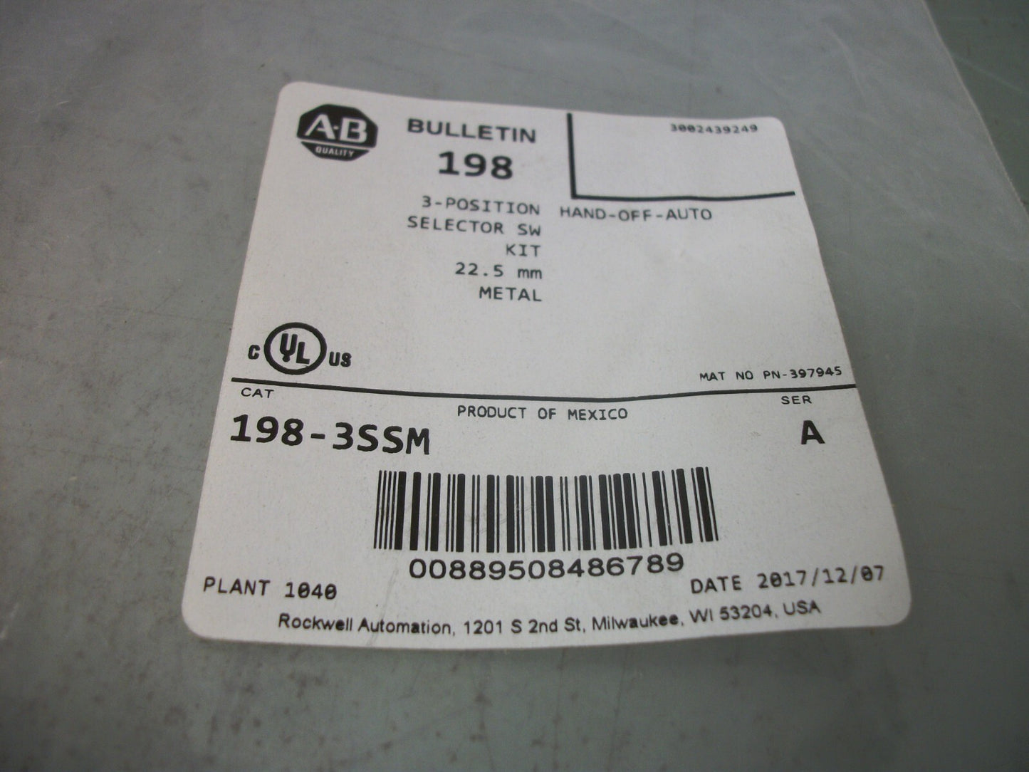 ALLEN-BRADLEY 22.5mm 3-POSITION SELECTOR SWITCH KIT 198-3SSM NEW