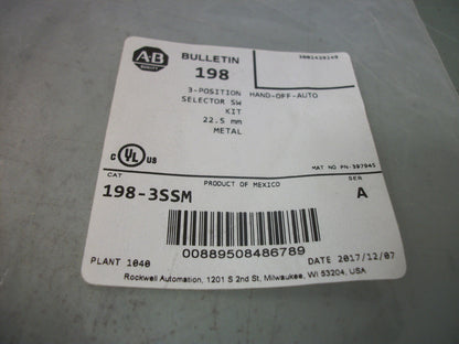 ALLEN-BRADLEY 22.5mm 3-POSITION SELECTOR SWITCH KIT 198-3SSM NEW