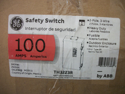 GE DISCONNECT TYPE 3R TH3223R 100AMP 240VOLT 2POLE FUSIBLE NIB