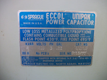 SPRAGUE ECCOL UNIPAK POWER CAPACITOR 443PNU 4KVAR 480VOLT 3PH NOB