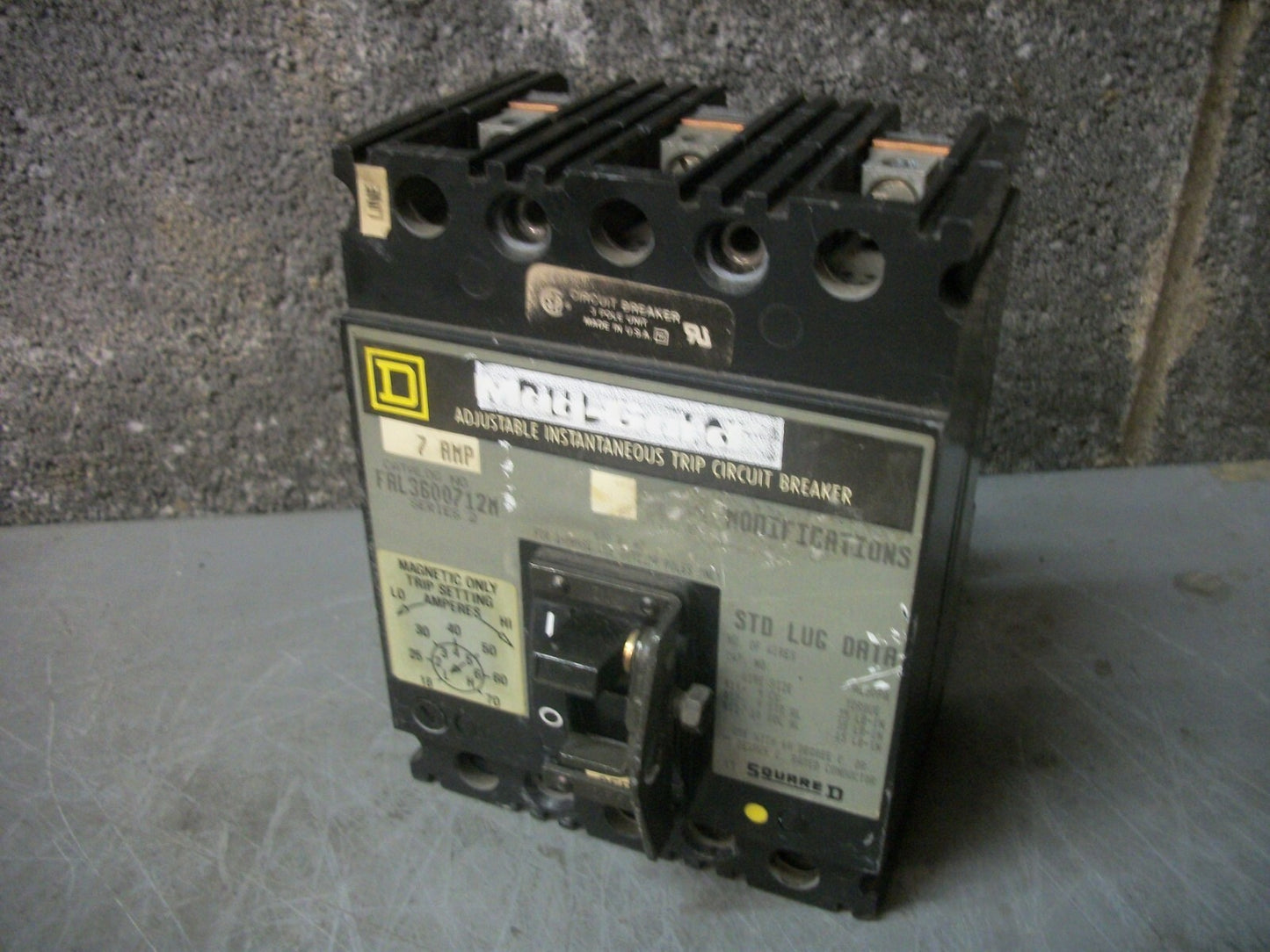 SQUARE D FAL CIRCUIT BREAKER FAL3600712M 7AMP 600VOLT 3POLE GRAY