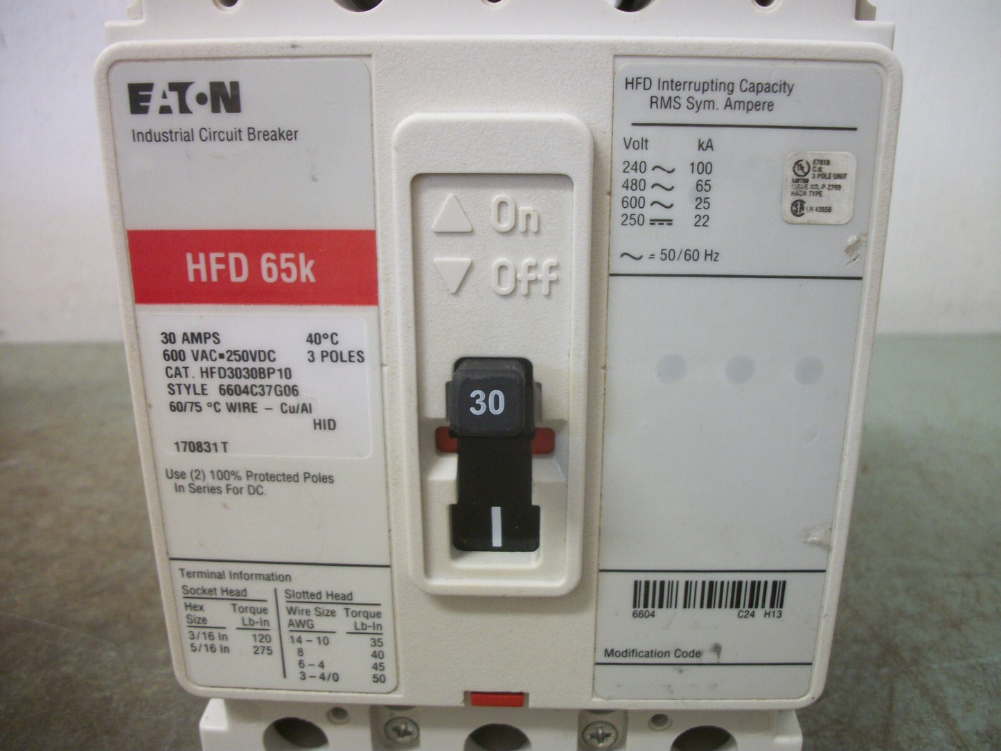 CUTLER-HAMMER HFD CIRCUIT BREAKER HFD3030BP10 30AMP 600VOLT 3POLE RED