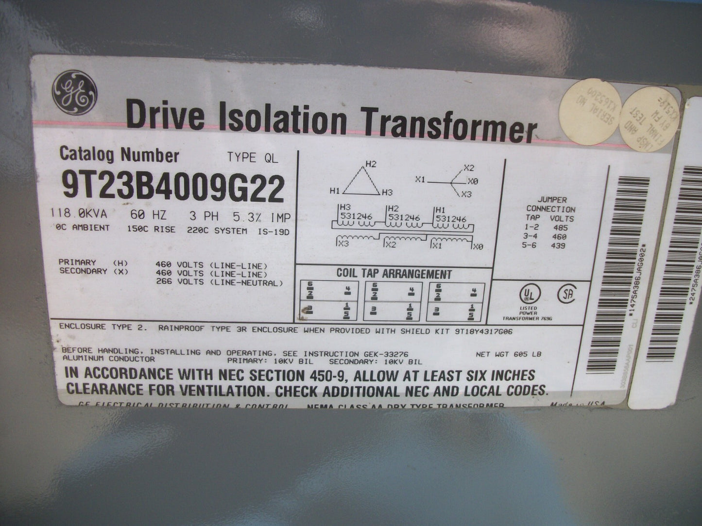 GE 118KVA 3PH TRANSFORMER 9T23B4009G22 HV 460 LV 460/266 REFURB