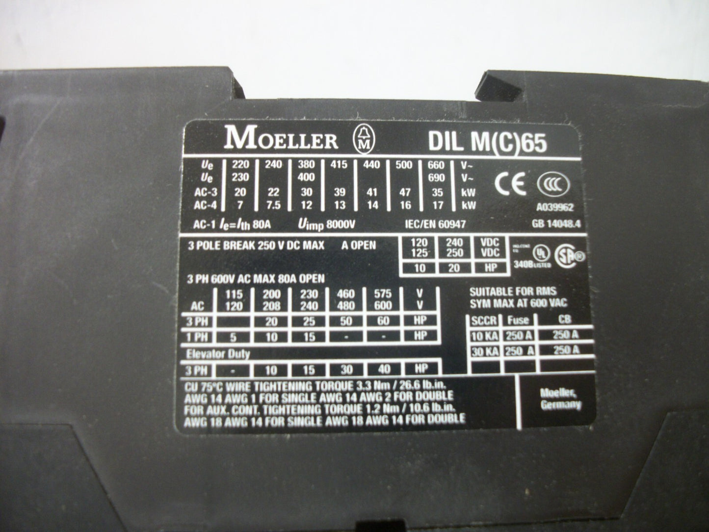 KLOCKNER-MOELLER XSTART CONTACTOR DILM65 80AMP 120VCOIL 3PH 600V 60HP NIB