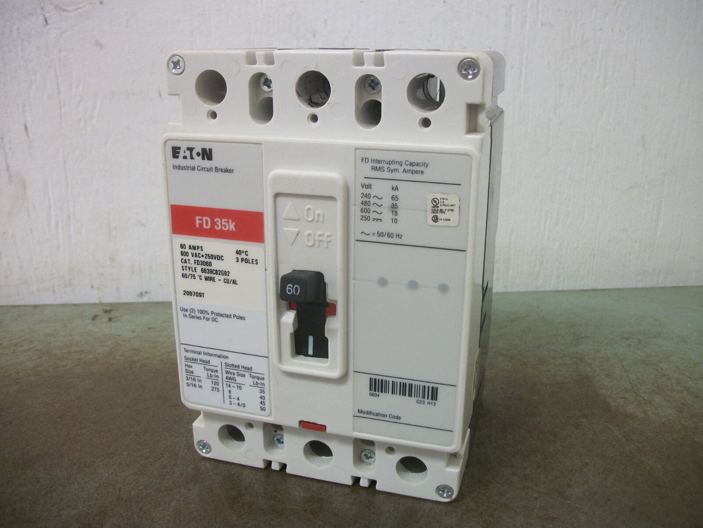 CUTLER-HAMMER FD CIRCUIT BREAKER FD3060 60AMP 600VOLT 3POLE RED