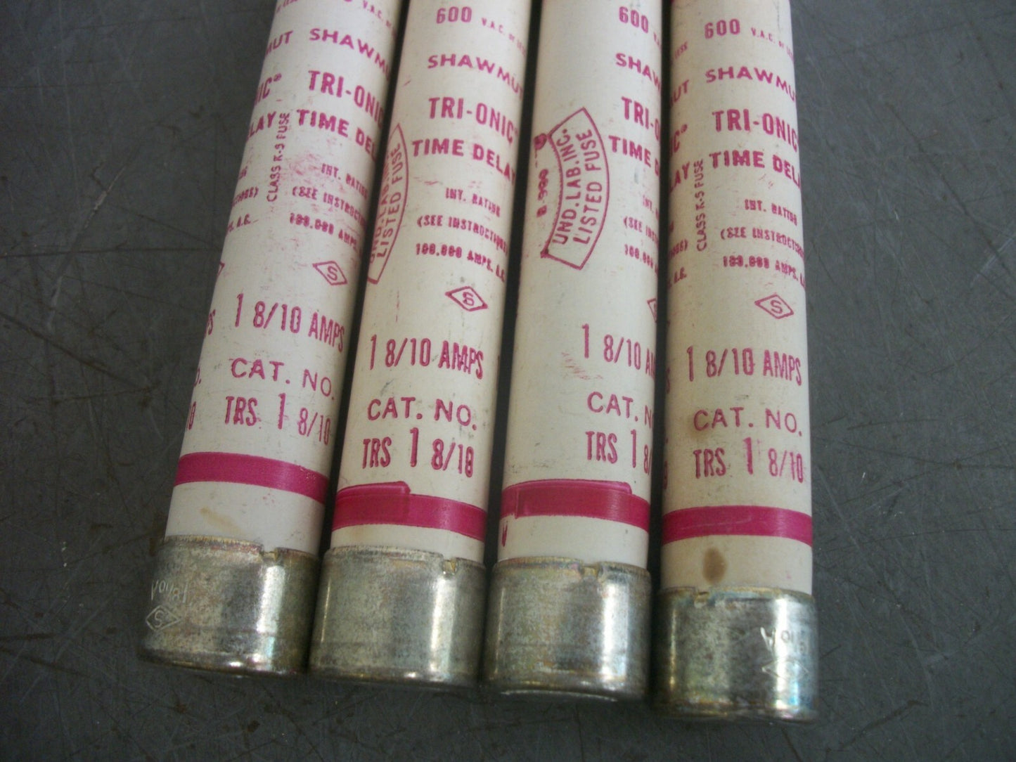 GOULD SHAWMUT LOT OF 4 TRI-ONIC FUSES TRS1-8/10 1-8/10AMP 600VOLT NOB