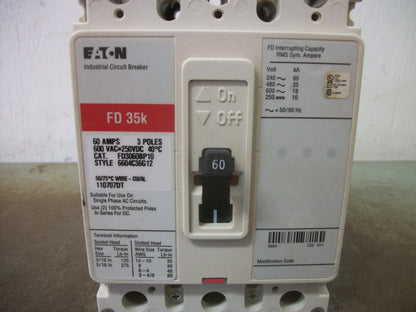 CUTLER-HAMMER FD CIRCUIT BREAKER FD3060BP10 60AMP 600VOLT 3POLE RED