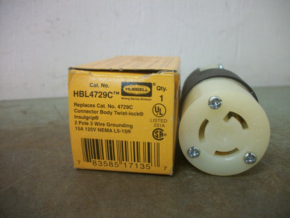 HUBBELL TWIST-LOCK CONNECTOR HBL4729C 10/15AMP 250/125VOLT 2P 3W GRND NIB