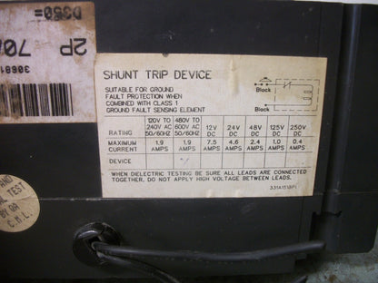 GE TED CIRCUIT BREAKER TED124070 70AMP 480VOLT 2POLE W/SHUNT
