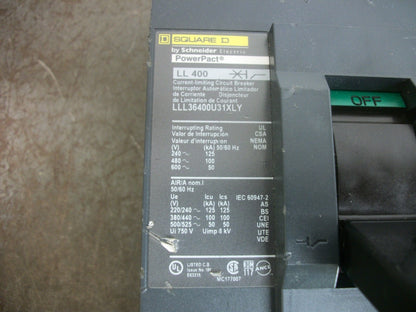 SQUARE D POWERPACT LL CIRCUIT BREAKER LLL36400U31XLY 400AMP 600VOLT 3POLE NOB