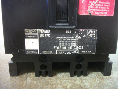 WESTINGHOUSE FB CIRCUIT BREAKER FB3015S 15AMP 600VOLT 3POLE