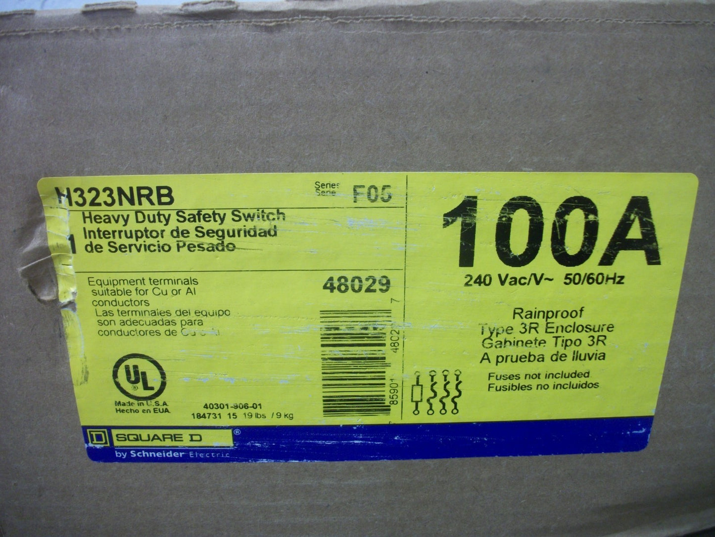 SQUARE D DISCONNECT TYPE 3R H323NRB 100AMP 240VOLT 3POLE FUSIBLE NIB