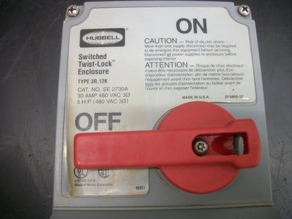 HUBBELL SWITCHED TWIST-LOCK ENCLOSURE 3R,12 SE2730A 30AMP 480VOLT