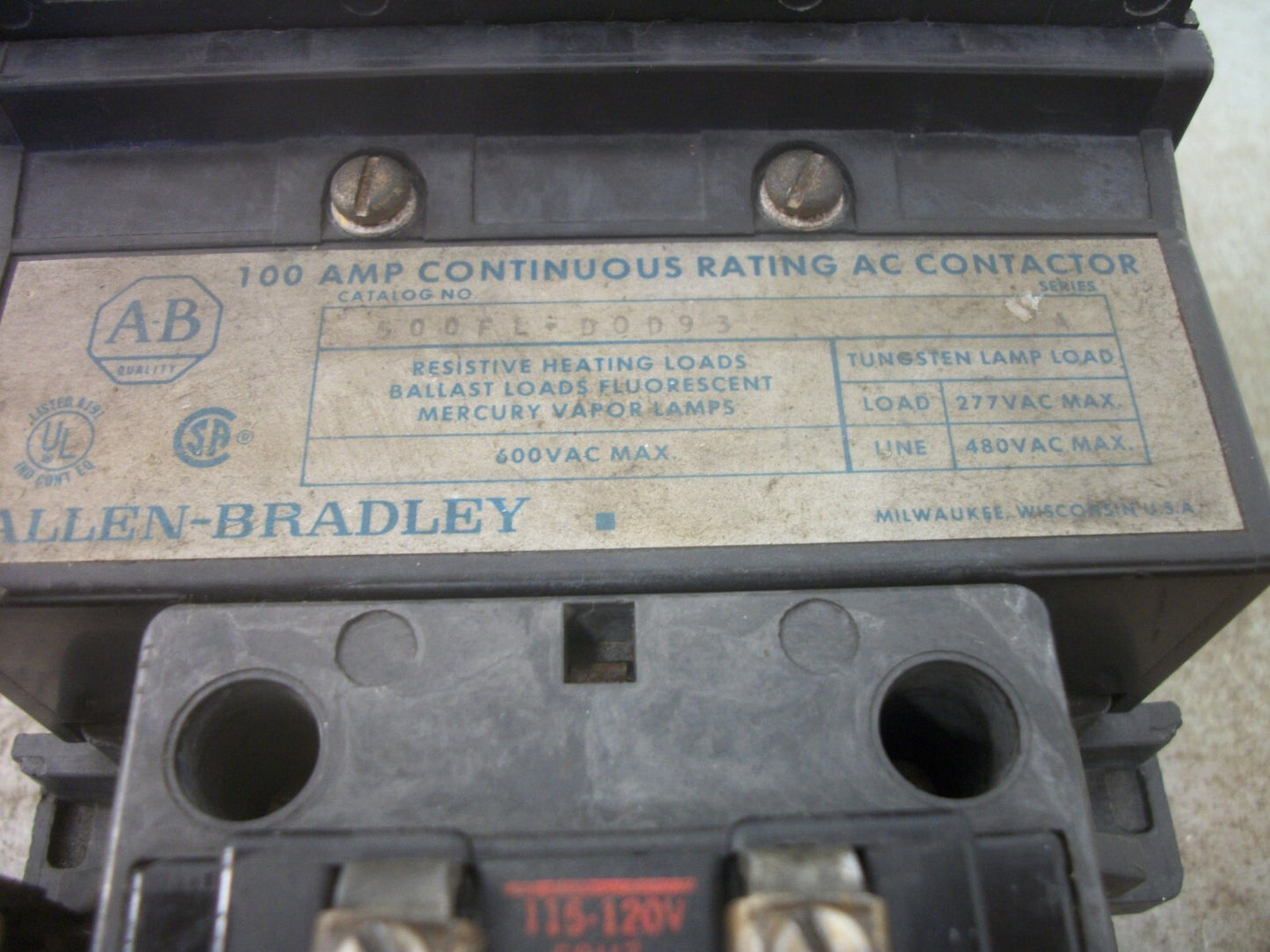 ALLEN-BRADLEY 100AMP LIGHTING CONTACTOR 500FL-DOD93 120VCOIL