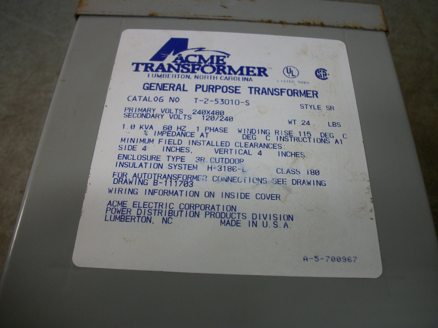 ACME 1KVA 1PH TRANSFORMER T-2-53010-S HV 240X480 LV 120/240