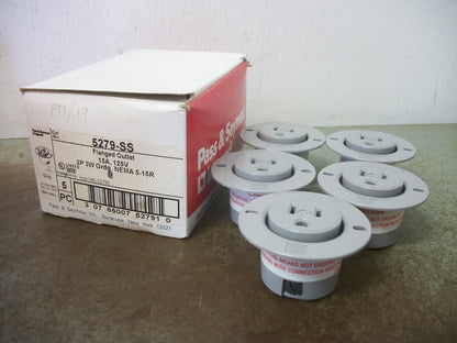 PASS & SEYMOUR BOX OF 5 GRAY FLANGED OUTLETS 5279-SS 15A 125V 2P 3W GRND NIB