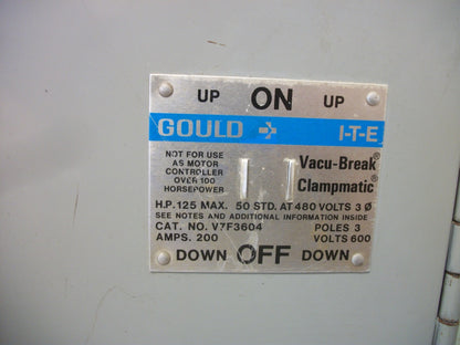 SIEMENS ITE GOULD FUSIBLE VACU-BREAK BRANCH SWITCH V7F3604 200AMP 600VOLT 3POLE