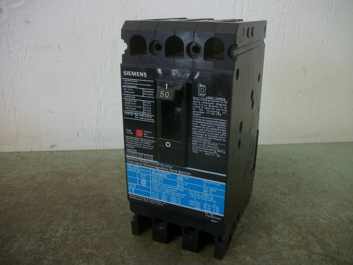 SIEMENS SENTRON ED6 CIRCUIT BREAKER ED63B050 50AMP 600VOLT 3POLE