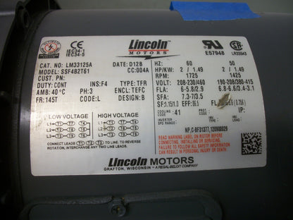LINCOLN 2HP TEFC 145T AC MOTOR LM33125 LM33125A 460VOLT 1725RPM 3PH NIB