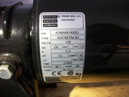 BODINE 4198AN 1/3HP 36:1 RATIO DC GEARMOTOR 42A7BEPM-5H 130VOLT 69RPM NIB