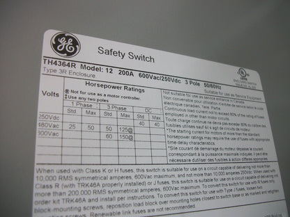 GE DISCONNECT TYPE 3R TH4364R 200AMP 600VOLT 3POLE FUSIBLE NIB