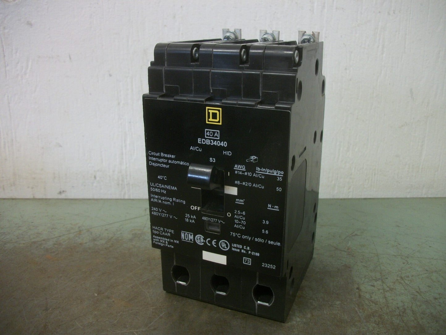 SQUARE D EDB CIRCUIT BREAKER EDB34040 40AMP 480VOLT 3POLE NOB