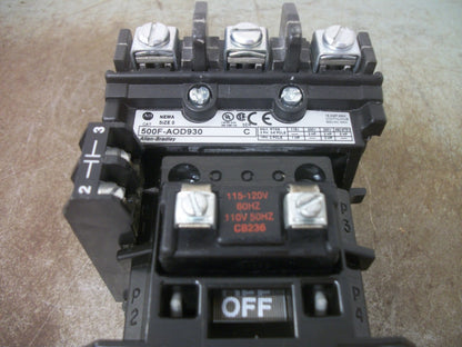 ALLEN-BRADLEY SIZE 0 MOTOR STARTER 500F-AOD930 18AMP 120VCOIL 3PH 600V 5HP NOB