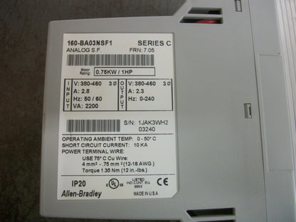 ALLEN-BRADLEY 1HP ANALOG S.F. MOTOR SPEED CONTROLLER 160-BA03NSF1 460V 2.3A 3PH