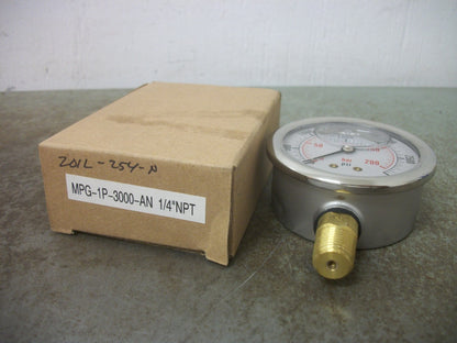 GENERIC 1/4" NPT LIQUID-FILLED PRESSURE GAUGE MPG-1P-3000-AN 0-3000PSI NIB