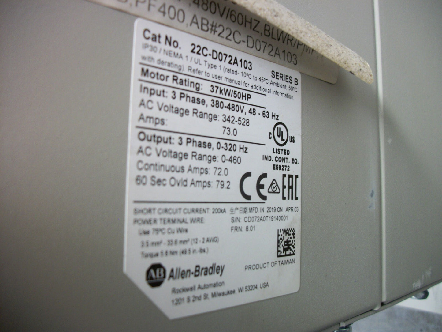 ALLEN-BRADLEY POWERFLEX 400 50HP AC DRIVE 22C-D072A103 3PH 460VOLT