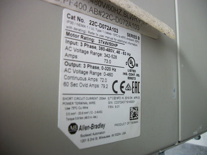 ALLEN-BRADLEY POWERFLEX 400 50HP AC DRIVE 22C-D072A103 3PH 460VOLT