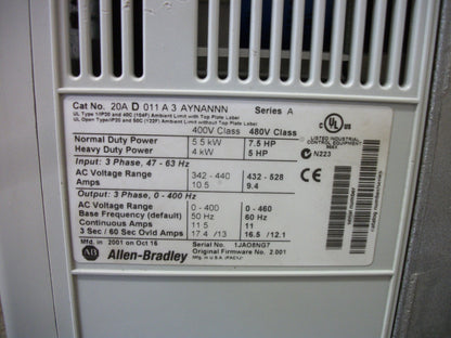 ALLEN-BRADLEY POWERFLEX 70 7.5HP AC DRIVE 20AD011A3AYNANNN 460VOLT 3PH 11AMP NOB