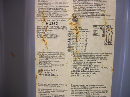 SQUARE D DISCONNECT TYPE 1 HU362 60AMP 600VOLT 3POLE NON-FUSIBLE