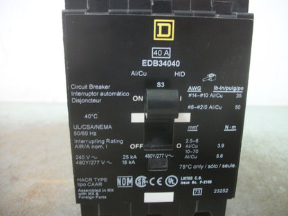 SQUARE D EDB CIRCUIT BREAKER EDB34040 40AMP 480VOLT 3POLE NOB