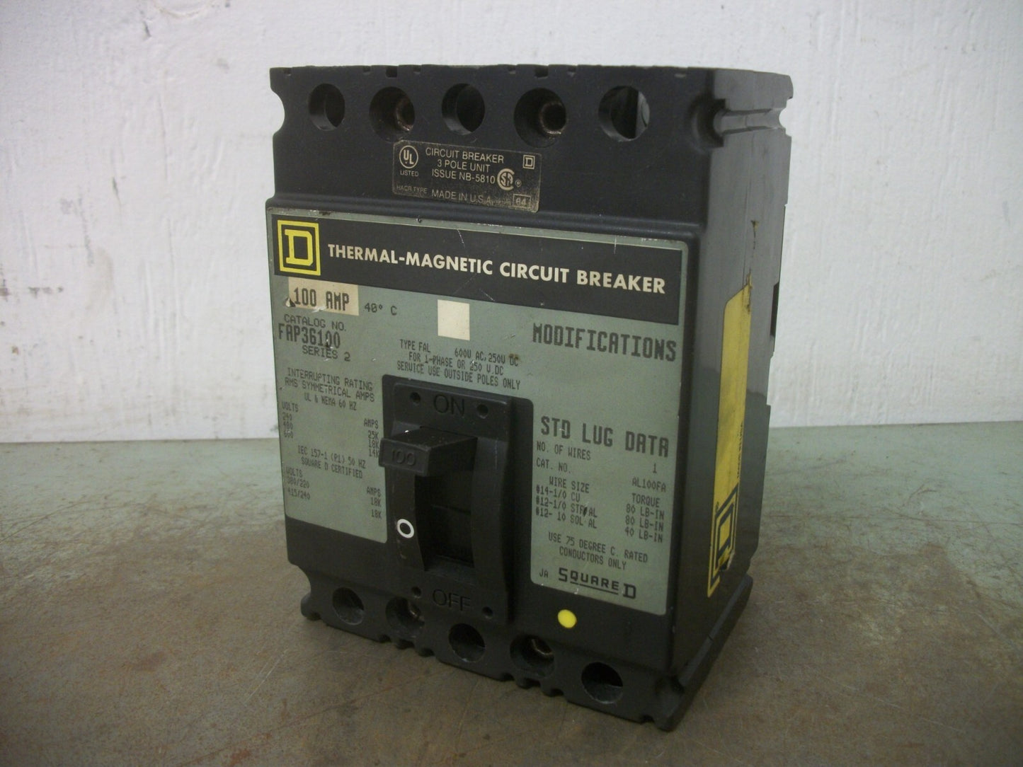 SQUARE D FAP CIRCUIT BREAKER FAP36100 100AMP 600VOLT 3POLE GRAY