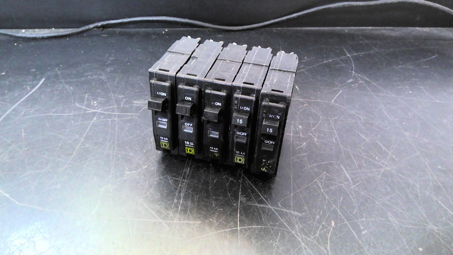 SQUARE D LOT OF 5 QO CIRCUIT BREAKERS QO115 15AMP 240VOLT 1POLE