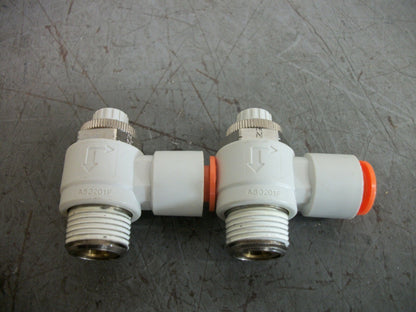 SMC LOT OF 2 3/8" PUSH TO CONNECT SPEED CONTROL VALVES AS3201F NOB