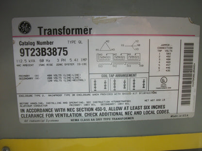 GE 112.5KVA 3PH TRANSFORMER 9T23B3875 HV 480 LV 208/120