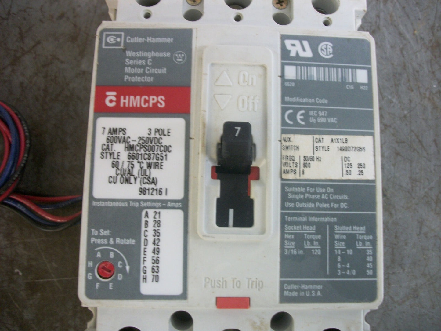 CUTLER-HAMMER HMCPS CIRCUIT BREAKER HMCPS007C0C 7AMP 600VOLT 3POLE W/AUX