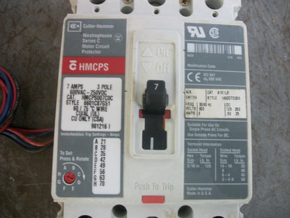CUTLER-HAMMER HMCPS CIRCUIT BREAKER HMCPS007C0C 7AMP 600VOLT 3POLE W/AUX