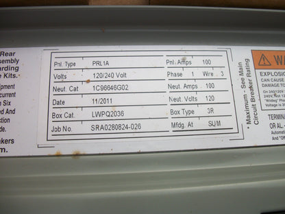 CUTLER-HAMMER PRL1A PANELBOARD INTERIOR LWPQ2036 100A 120/240V 1PH 100A MAIN NIB
