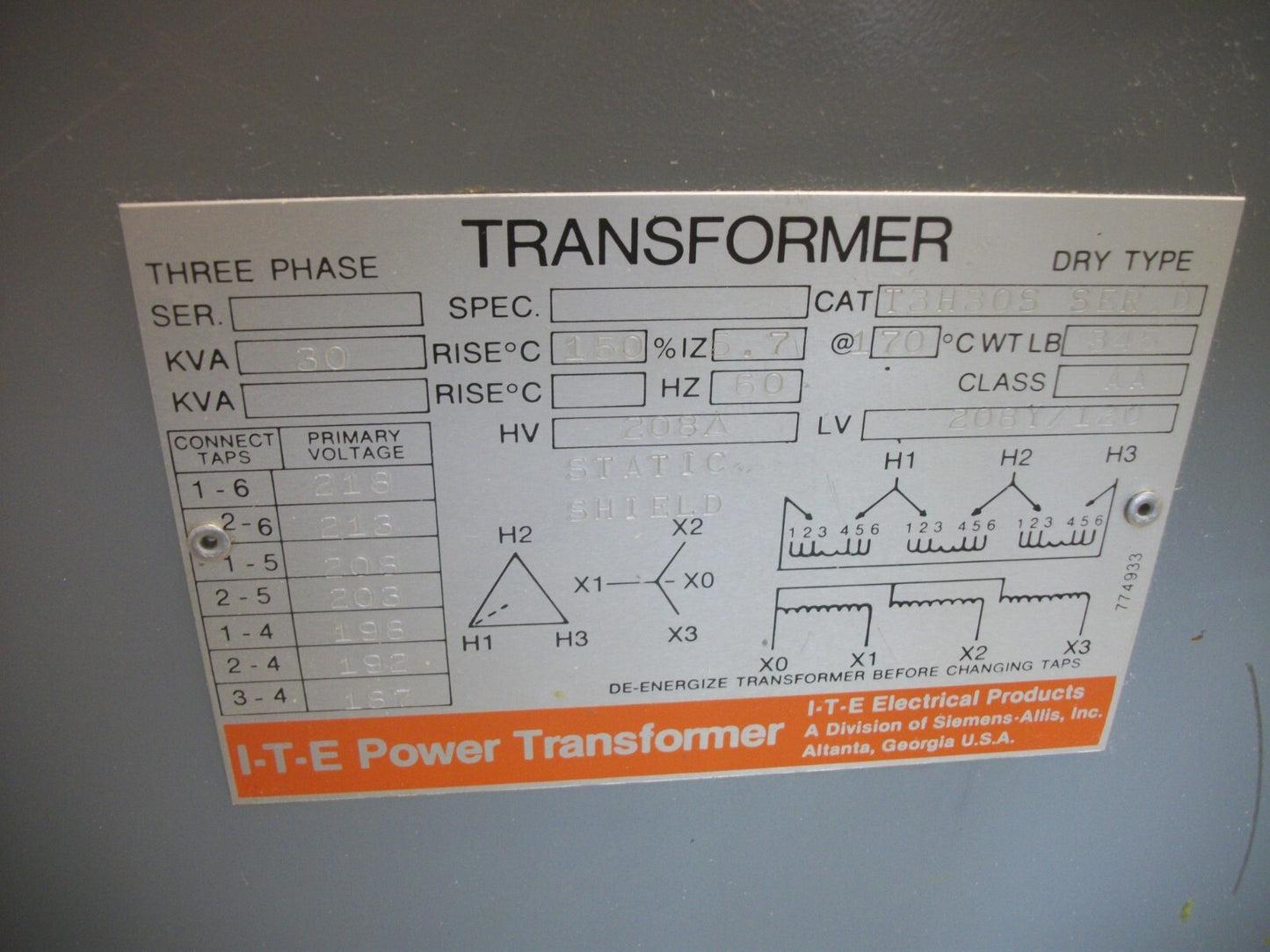 SIEMENS ITE 30KVA 3PH TRANSFORMER T3H30S HV 208D LV 208Y/120